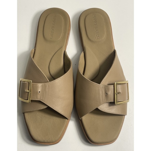 Poppy Barley Tan Leather Slide Buckle Sandals‎ Sustainable Minimalist Size 10 - Picture 1 of 10